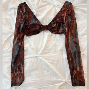 Brown and Blue Long Sleeve Going Out Crop Top Size S